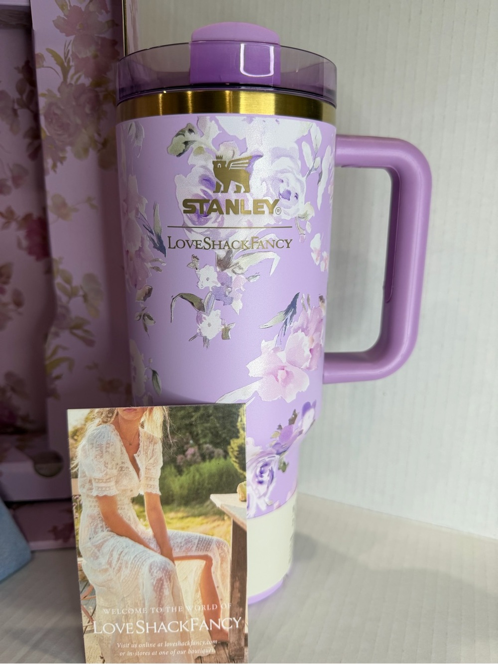 LoveShackFancy Lilac Floral Insulated Travel Mug with Gold Accents